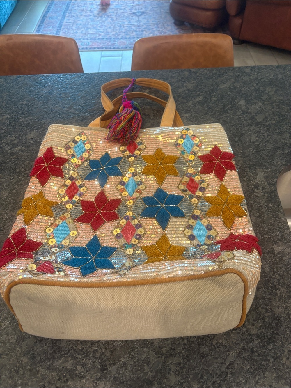 Sequin Floral Tote with Multicolor Embroidery